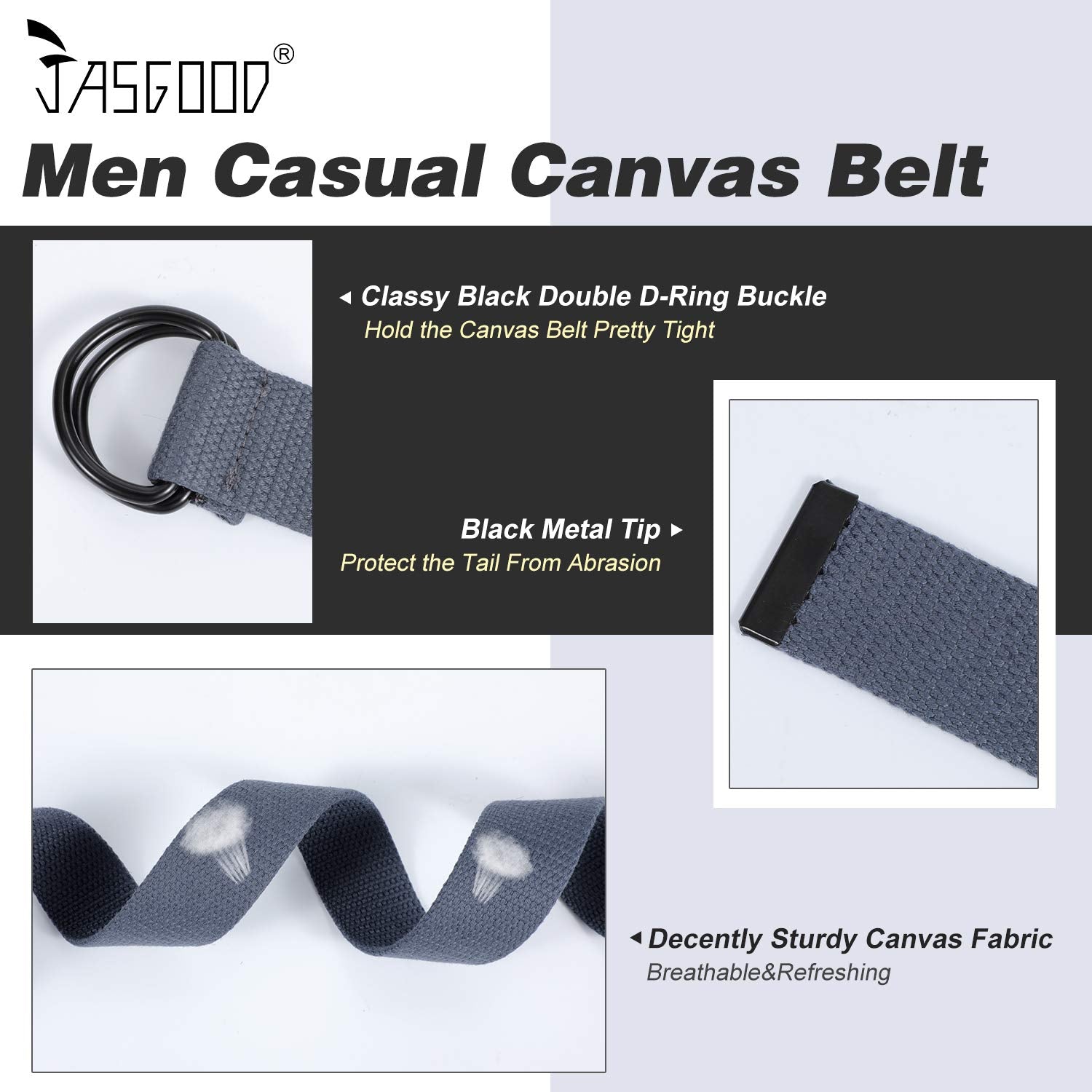 JASGOOD Men Women Canvas Belt Web Fabric Casual Belt with Black Double D-ring 1 1/2" Wide Set of 2 - JASGOOD OFFICIAL