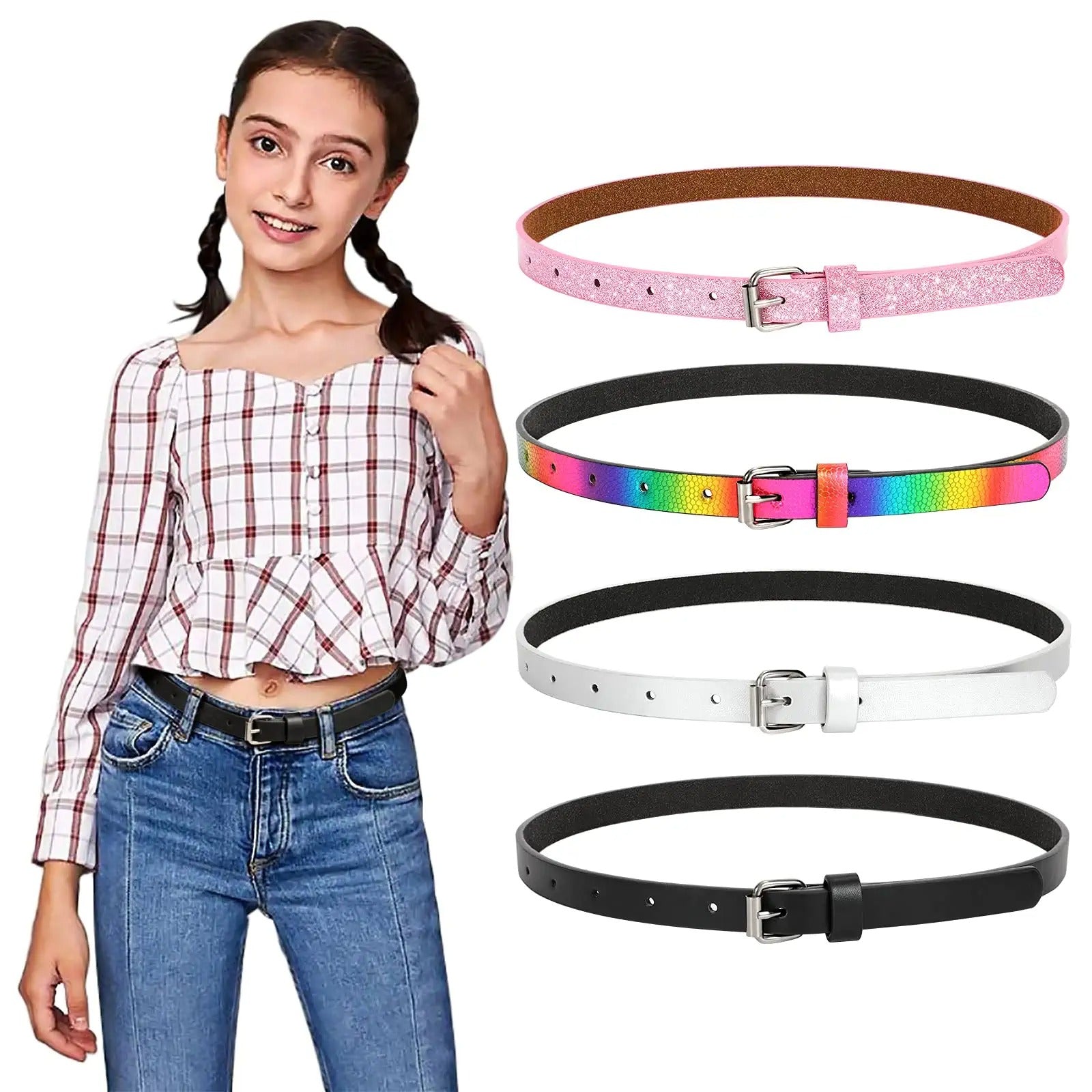 4 Pack 3 Pack 2 Pack Kids Belt Fashion Glitter Belt, Cute Shiny PU Leather Belt for Girls and Boys Back to School Gift - JASGOOD OFFICIAL