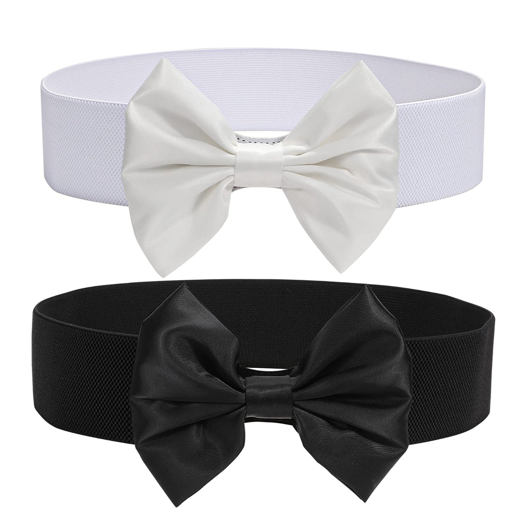 Women Bow Knot Elastic Waist Belt for Dress, Vintage Stretchy Wide Waistband Cinch Belts with Snap Buckle
