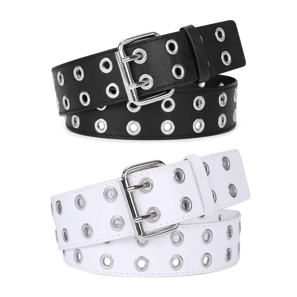 2 Pack Double Grommet Belt PU Leather Punk Belt for Women Jeans