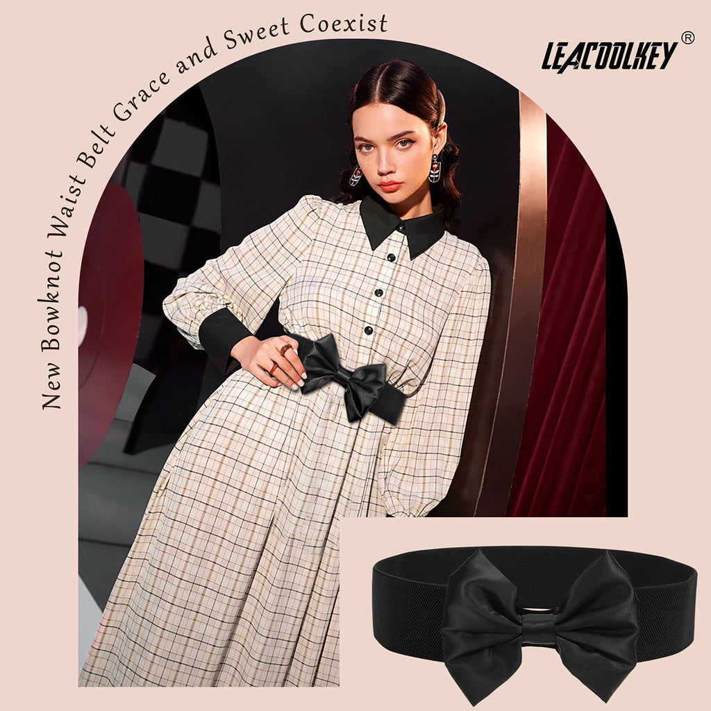 Women Bow Knot Elastic Waist Belt for Dress, Vintage Stretchy Wide Waistband Cinch Belts with Snap Buckle