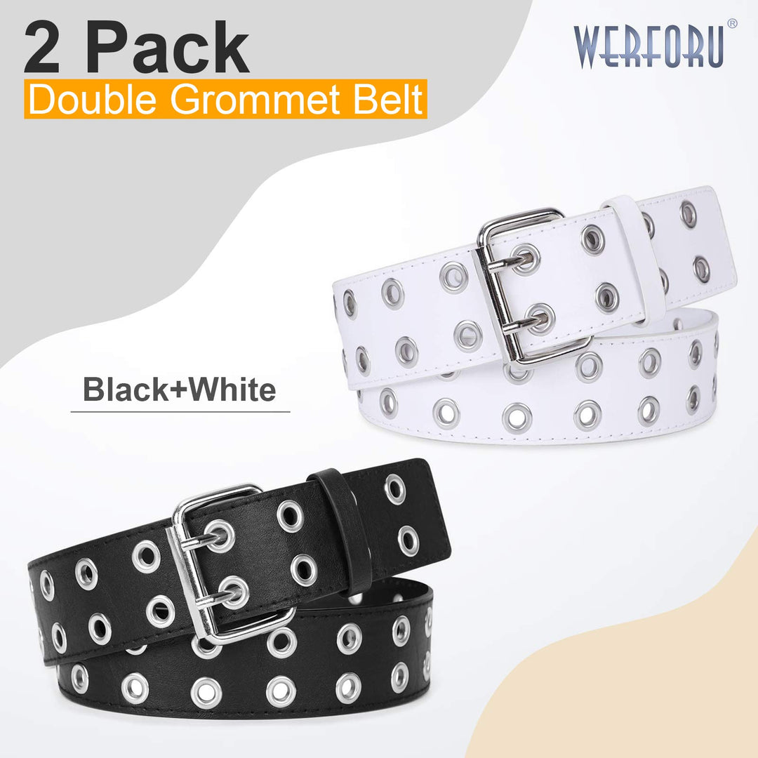 小物 rurumu.double buckle belt White BKpearl 2 Pack Double Grommet Belt, PU Leather Punk Belt 2