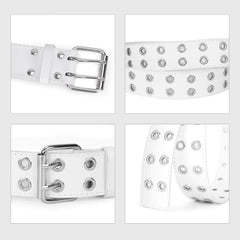 2 Pack Double Grommet Belt PU Leather Punk Belt for Women Jeans