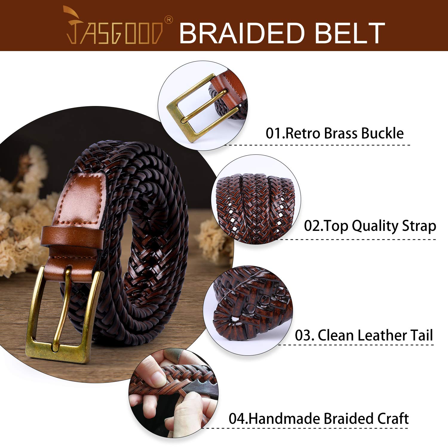 JASGOOD Men's Braided Leather Belt Braided Woven Belt for Men Casual Jeans with Solid Strap Single Prong Buckle - JASGOOD OFFICIAL