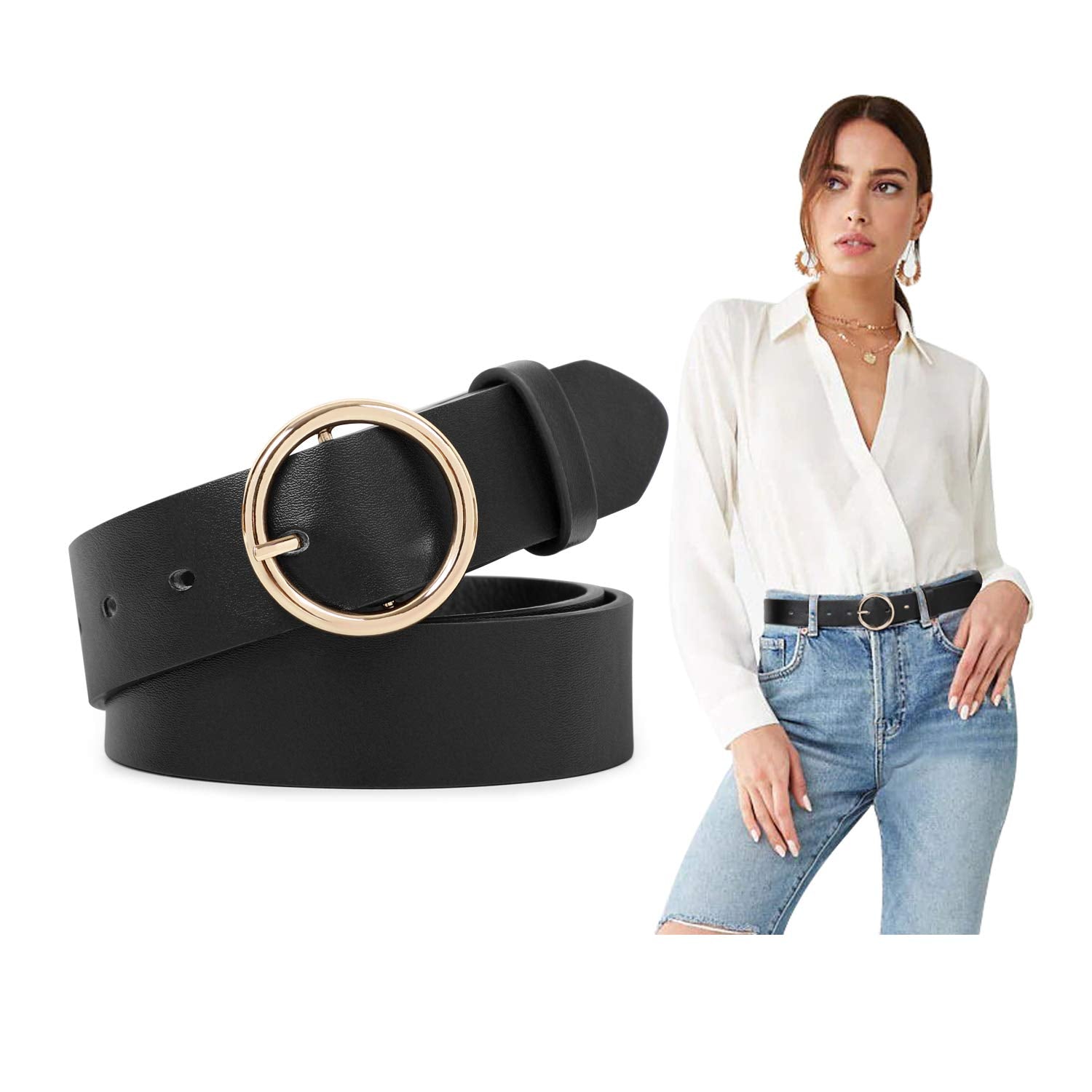 Women Leather Belts Fashion Soft Faux Leather Jeans Belts with O-Ring Buckle