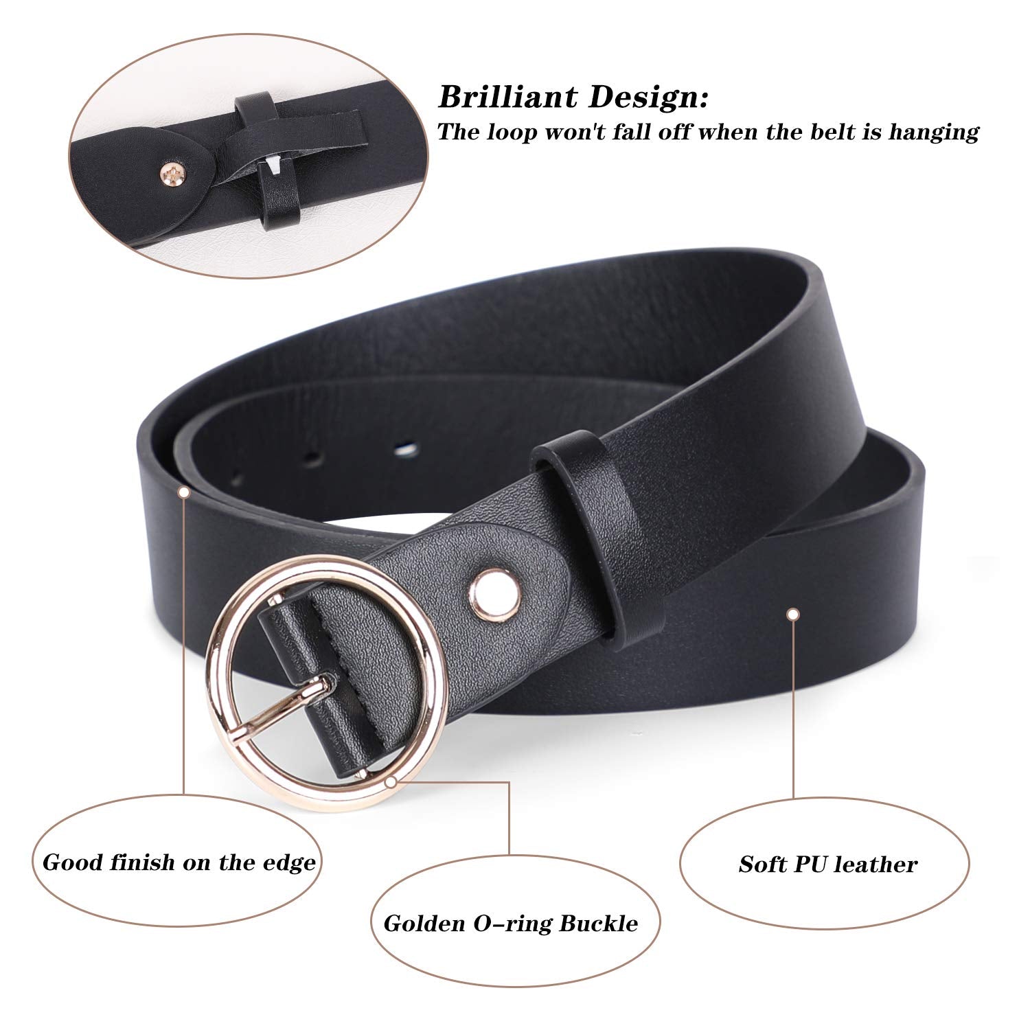 Women Leather Belts Fashion Soft Faux Leather Jeans Belts with O-Ring Buckle