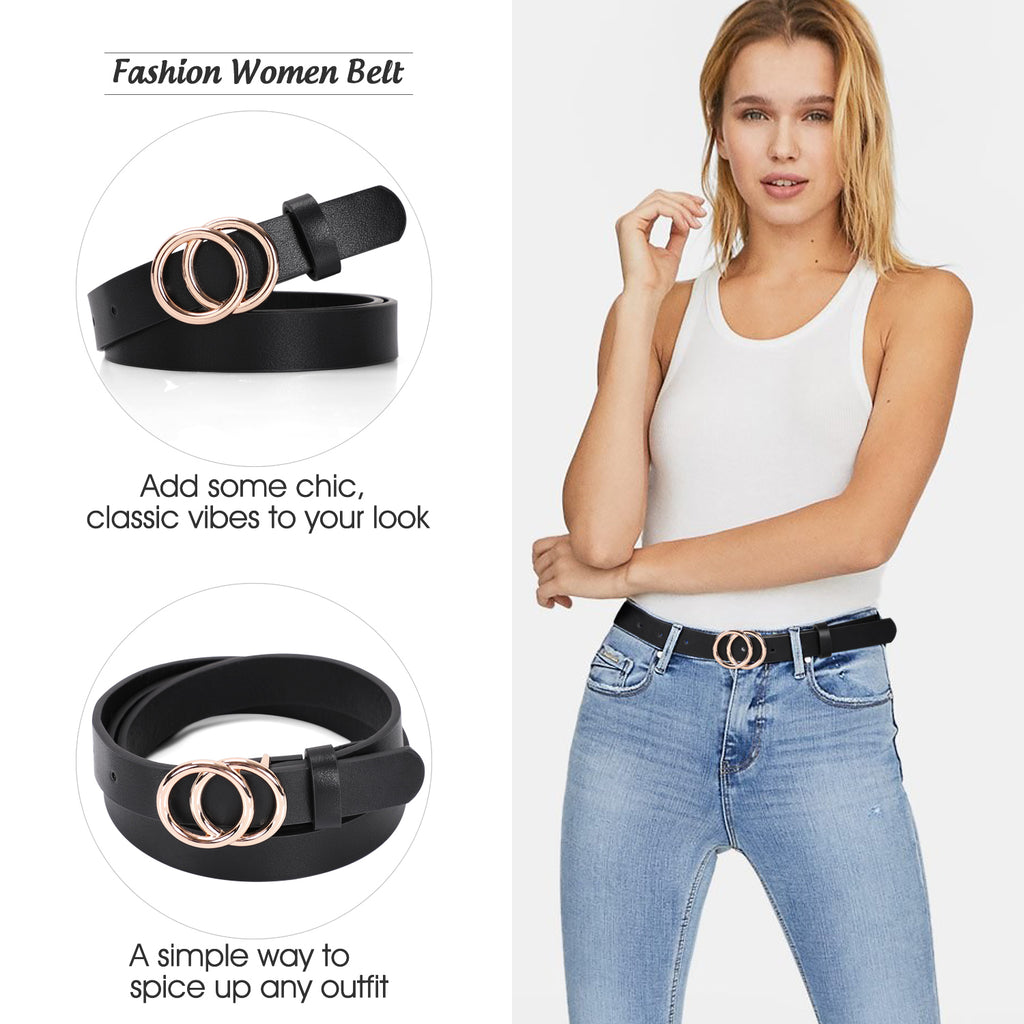 Women's Leather Skinny Belts for Dress Jeans Pants Fashion Soft Leather Waist Belts with Double O-Ring Buckle 