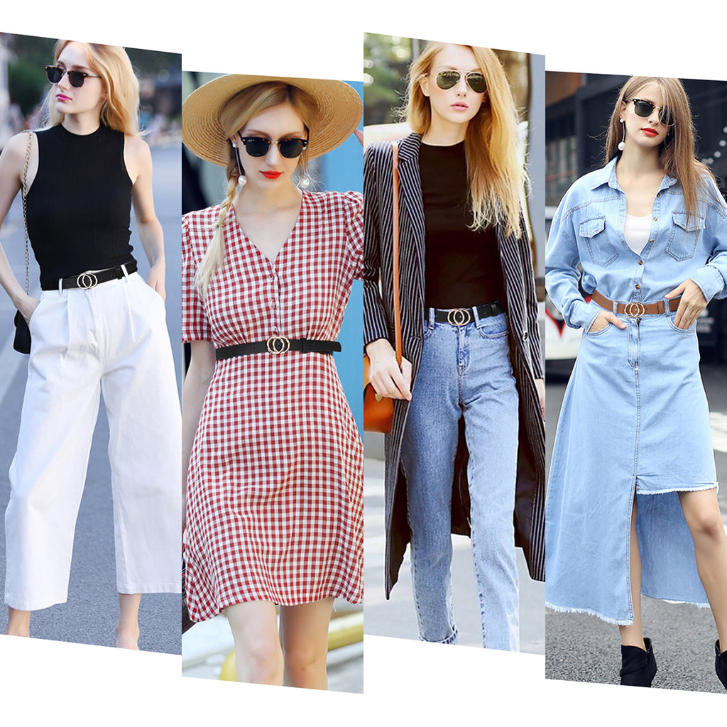 Women's Leather Skinny Belts for Dress Jeans Pants Fashion Soft Leather Waist Belts with Double O-Ring Buckle 