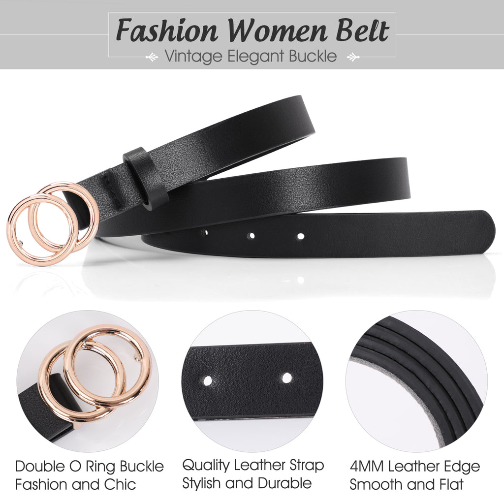Women's Leather Skinny Belts for Dress Jeans Pants Fashion Soft Leather Waist Belts with Double O-Ring Buckle 