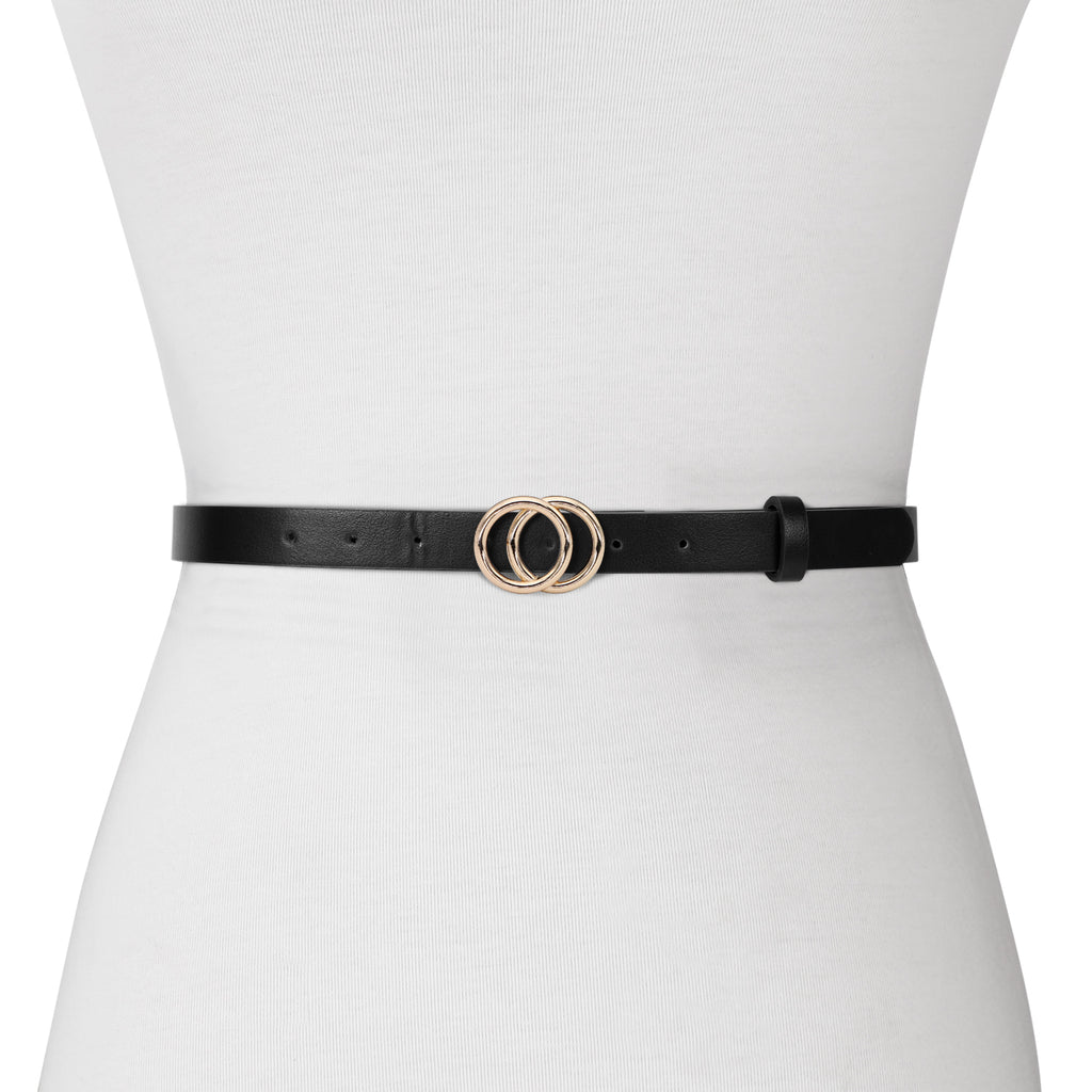 Women's Leather Skinny Belts for Dress Jeans Pants Fashion Soft Leather Waist Belts with Double O-Ring Buckle 