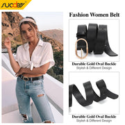 2 Pack Women Leather Belts for Jeans Pants Dress with Fashion Golden Buckle Faux Leather Belt