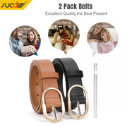 2 Pack Women Leather Belts for Jeans Pants Dress with Fashion Golden Buckle Faux Leather Belt