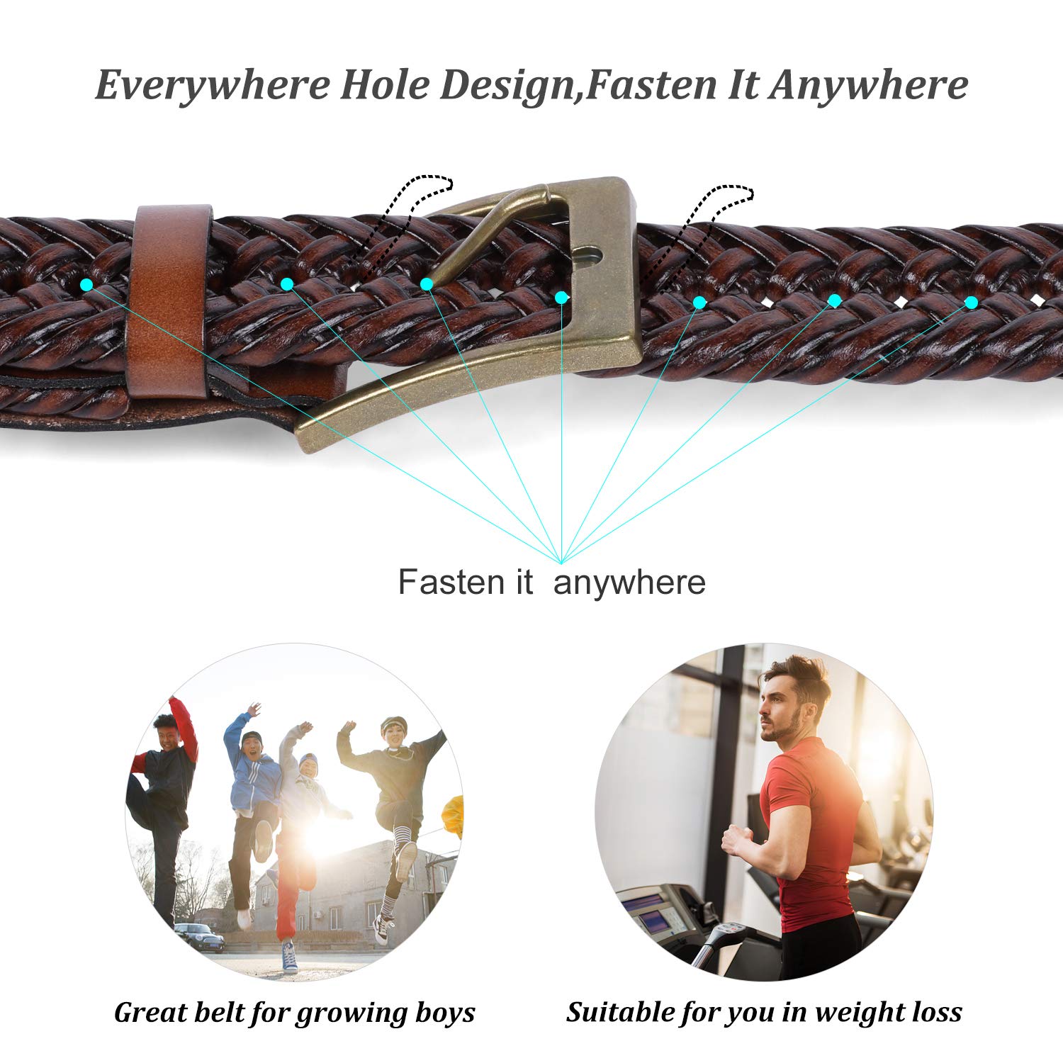 Mens Braided Leather Belt Genuine Cowhide Woven Leather Belt for Casual Jeans Pants with Solid Prong Buckle Christmas Gift - JASGOOD OFFICIAL