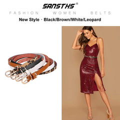 Set of 4 Womens Thin Belts SANSTHS Skinny Leather Belt with Gold Alloy Buckle