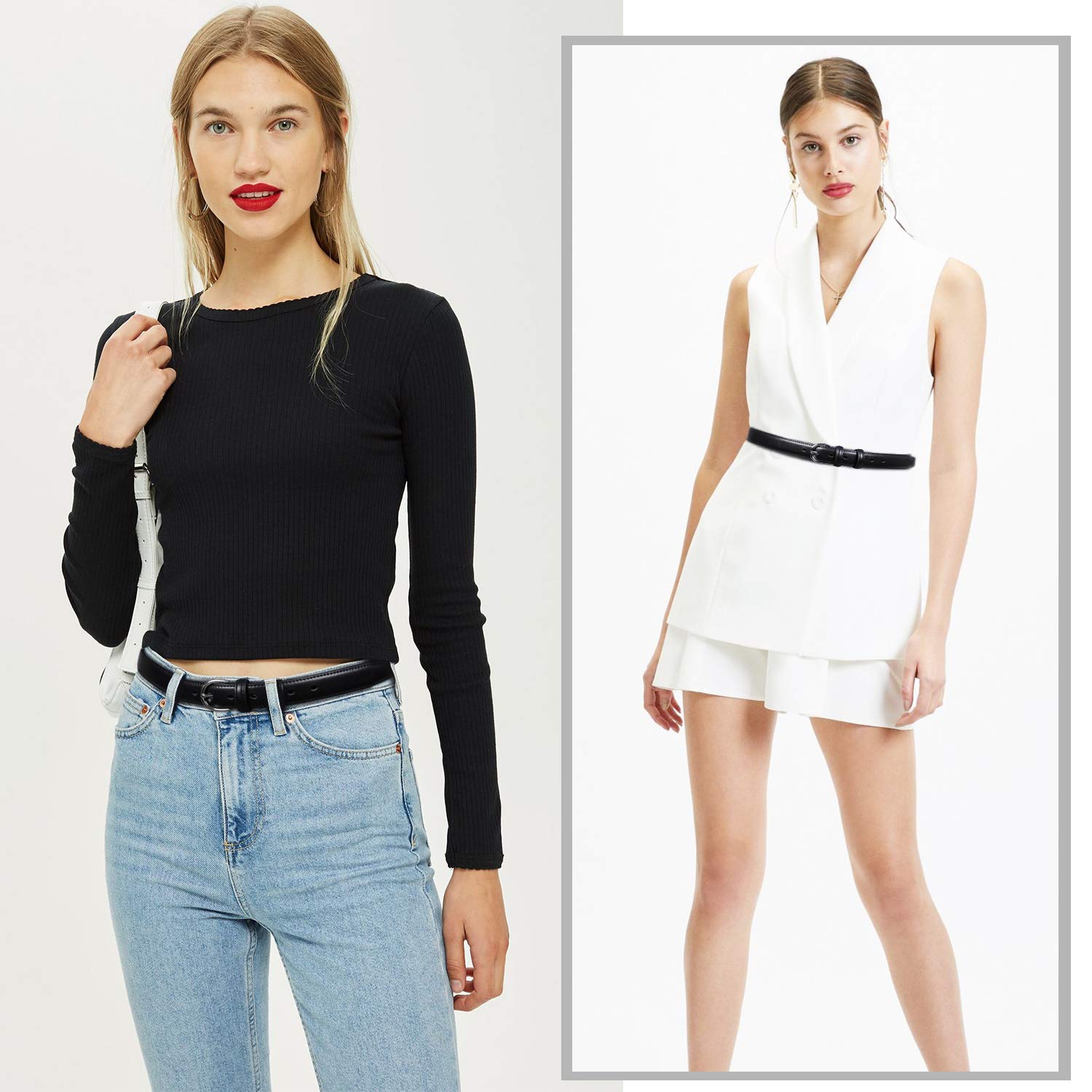 Women Leather Belt Skinny Dress Belt for Jeans Pants with Silver Buckle - JASGOOD OFFICIAL