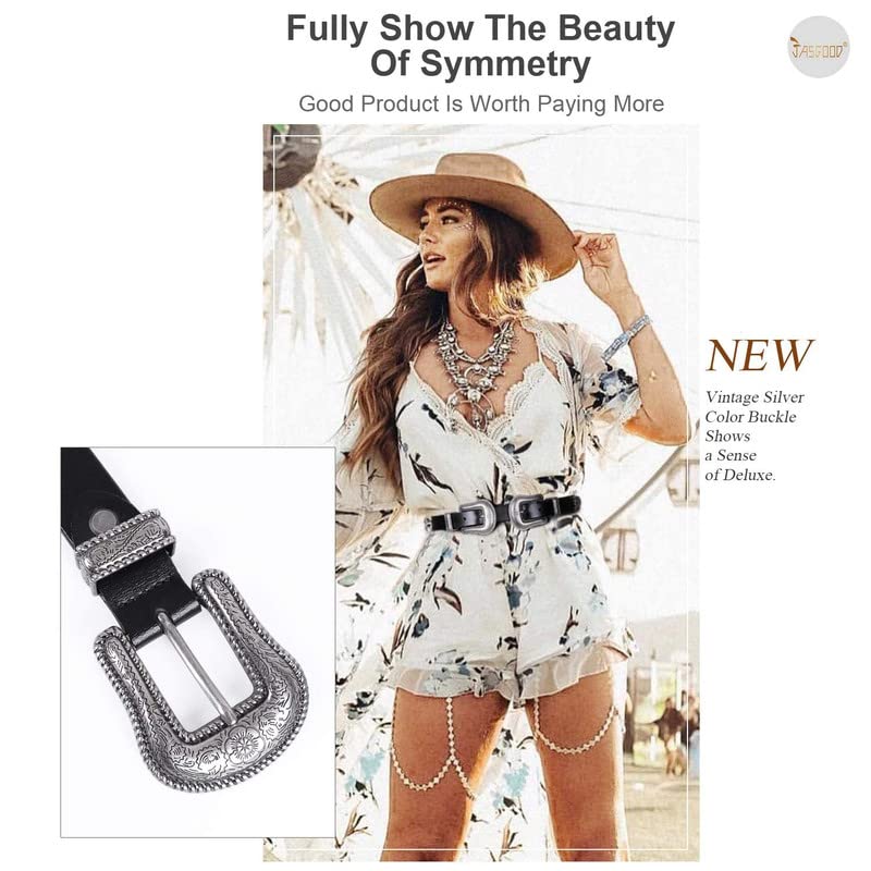 Women Leather Belts Ladies Vintage Western Design Black Waist Belt for Pants Dresses