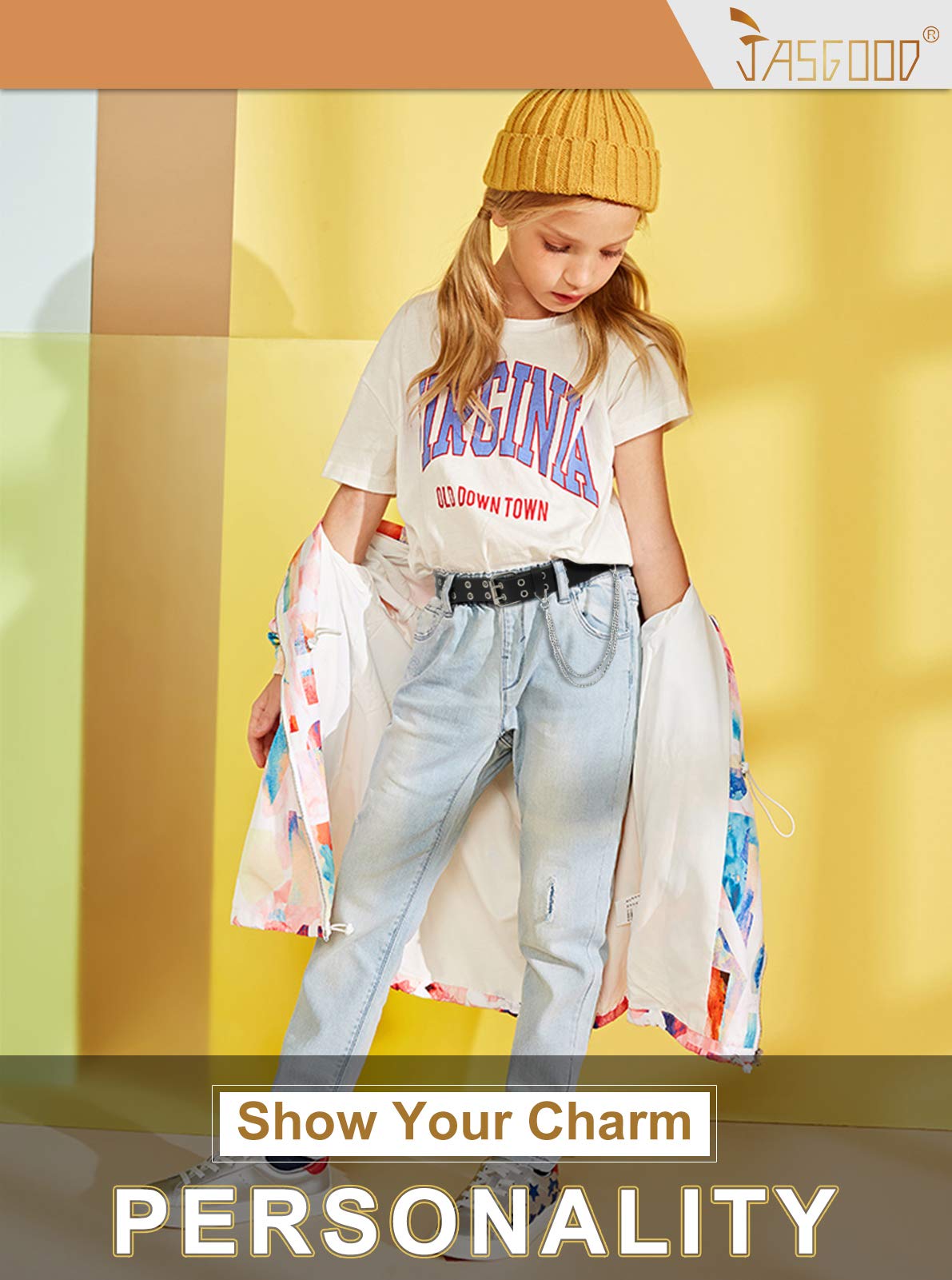 JASGOOD Kids Double Grommet Belt for Girls and Boys, PU Leather Kids Double Studded Holes Belt for Jeans Pants - JASGOOD OFFICIAL