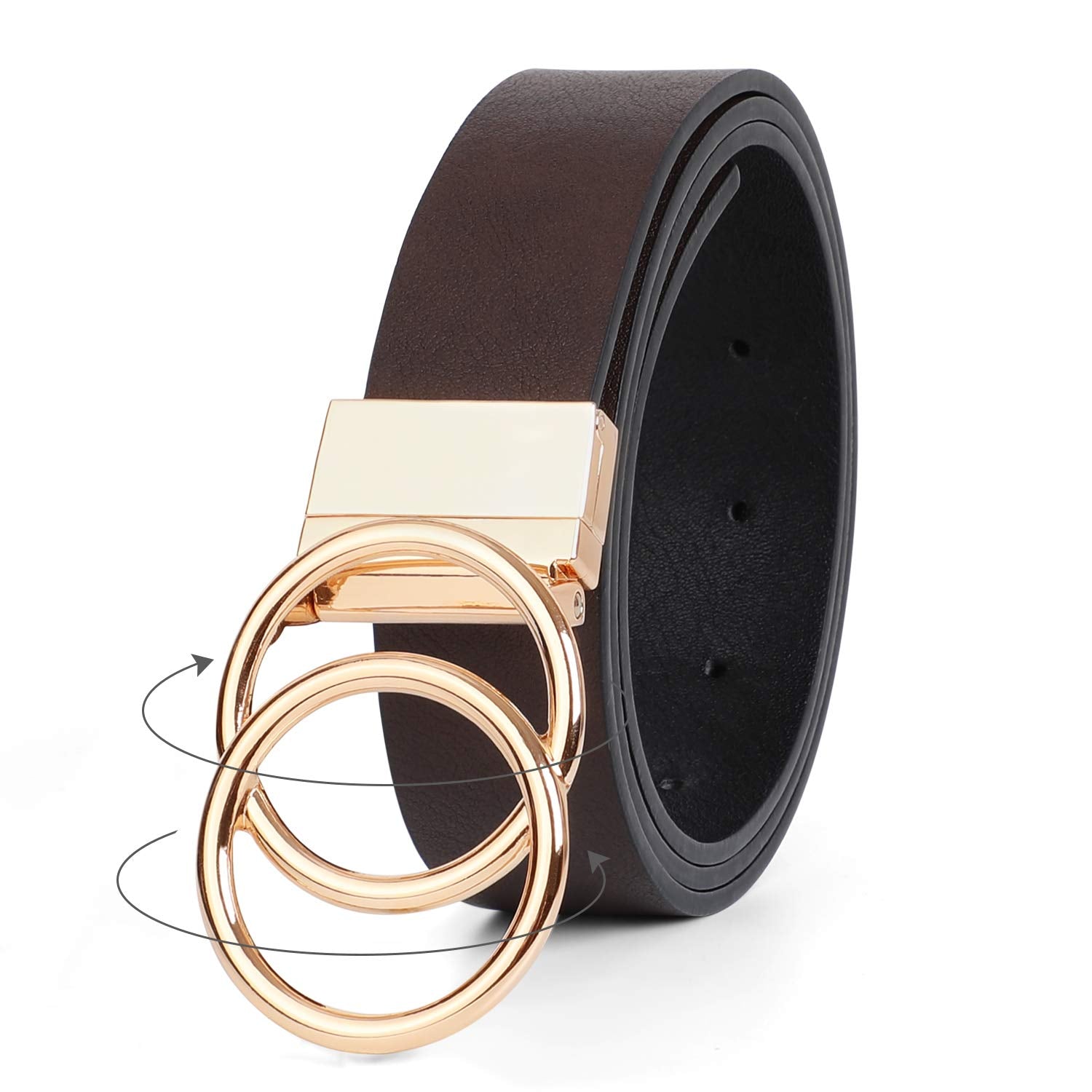 Women Leather Belt, Reversible Belt, Leather Waist Belt for Jeans Dress with Gold Double O Ring Rotate Buckle - JASGOOD OFFICIAL