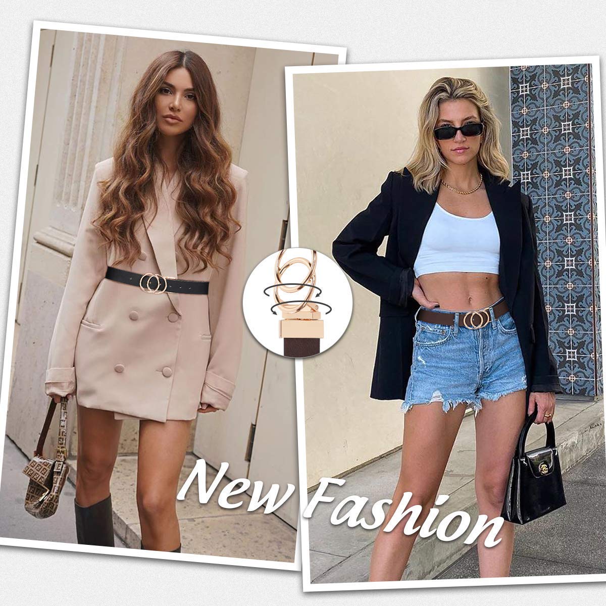 Women Leather Belt, Reversible Belt, Leather Waist Belt for Jeans Dress with Gold Double O Ring Rotate Buckle - JASGOOD OFFICIAL