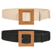 Straw Woven Elastic Stretch Belts Women, Wide Boho Braided Dress Belts with Wooden Style Buckle by JASGOOD