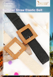Straw Woven Elastic Stretch Belts Women, Wide Boho Braided Dress Belts with Wooden Style Buckle by JASGOOD