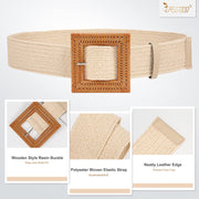 Straw Woven Elastic Stretch Belts Women, Wide Boho Braided Dress Belts with Wooden Style Buckle by JASGOOD