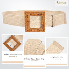 Straw Woven Elastic Stretch Belts Women, Wide Boho Braided Dress Belts with Wooden Style Buckle by JASGOOD - JASGOOD OFFICIAL