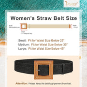Straw Woven Elastic Stretch Belts Women, Wide Boho Braided Dress Belts with Wooden Style Buckle by JASGOOD