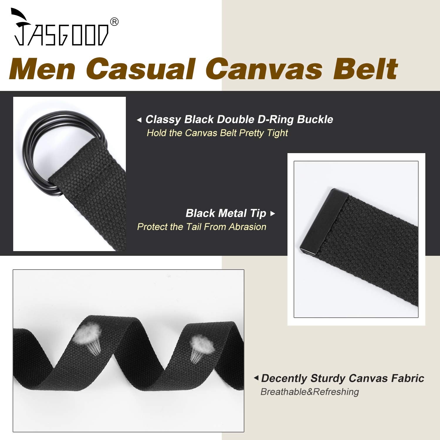 JASGOOD Men Women Canvas Belt Web Fabric Casual Belt with Black Double D-ring 1 1/2" Wide Set of 2 - JASGOOD OFFICIAL