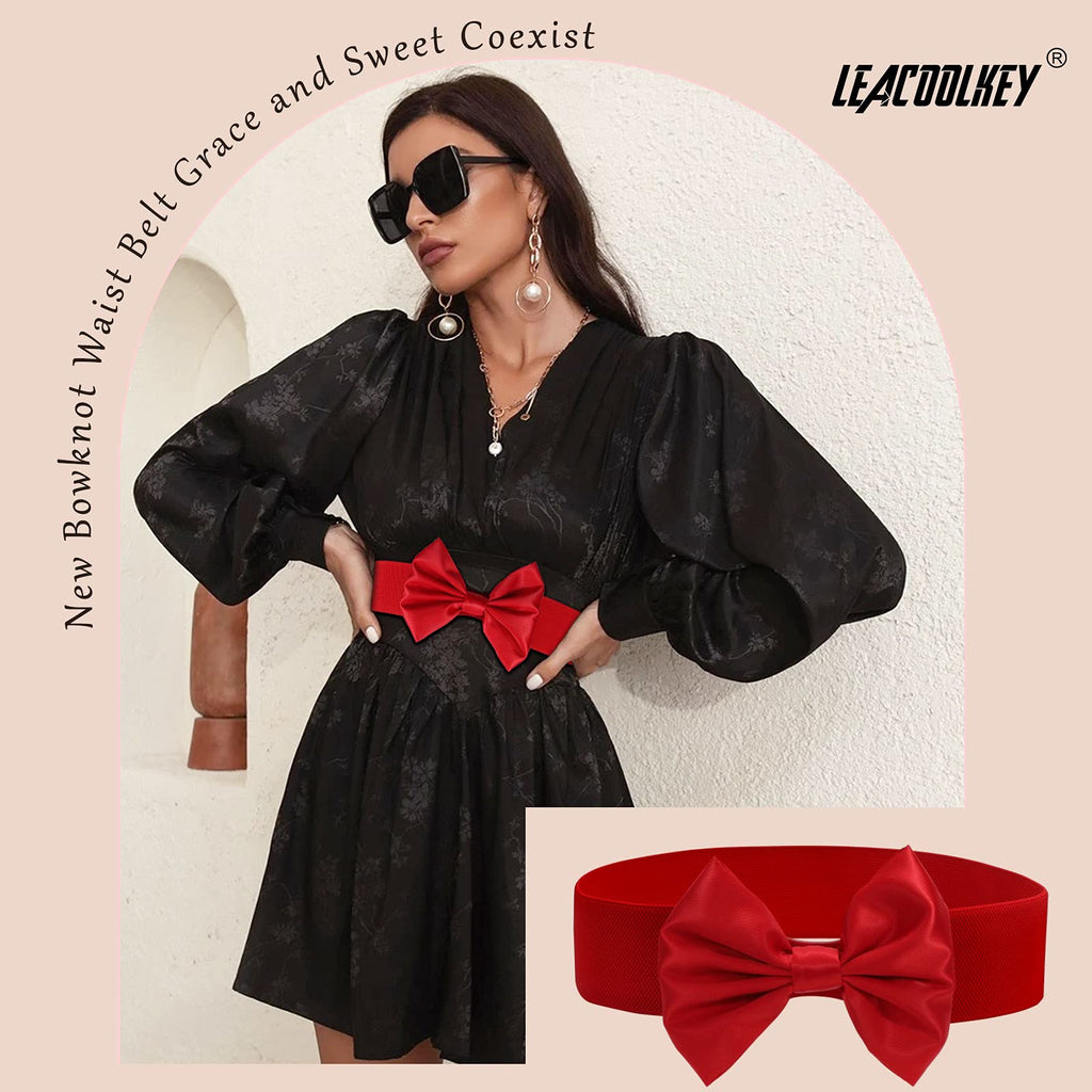 Women Bow Knot Elastic Waist Belt for Dress, Vintage Stretchy Wide Waistband Cinch Belts with Snap Buckle
