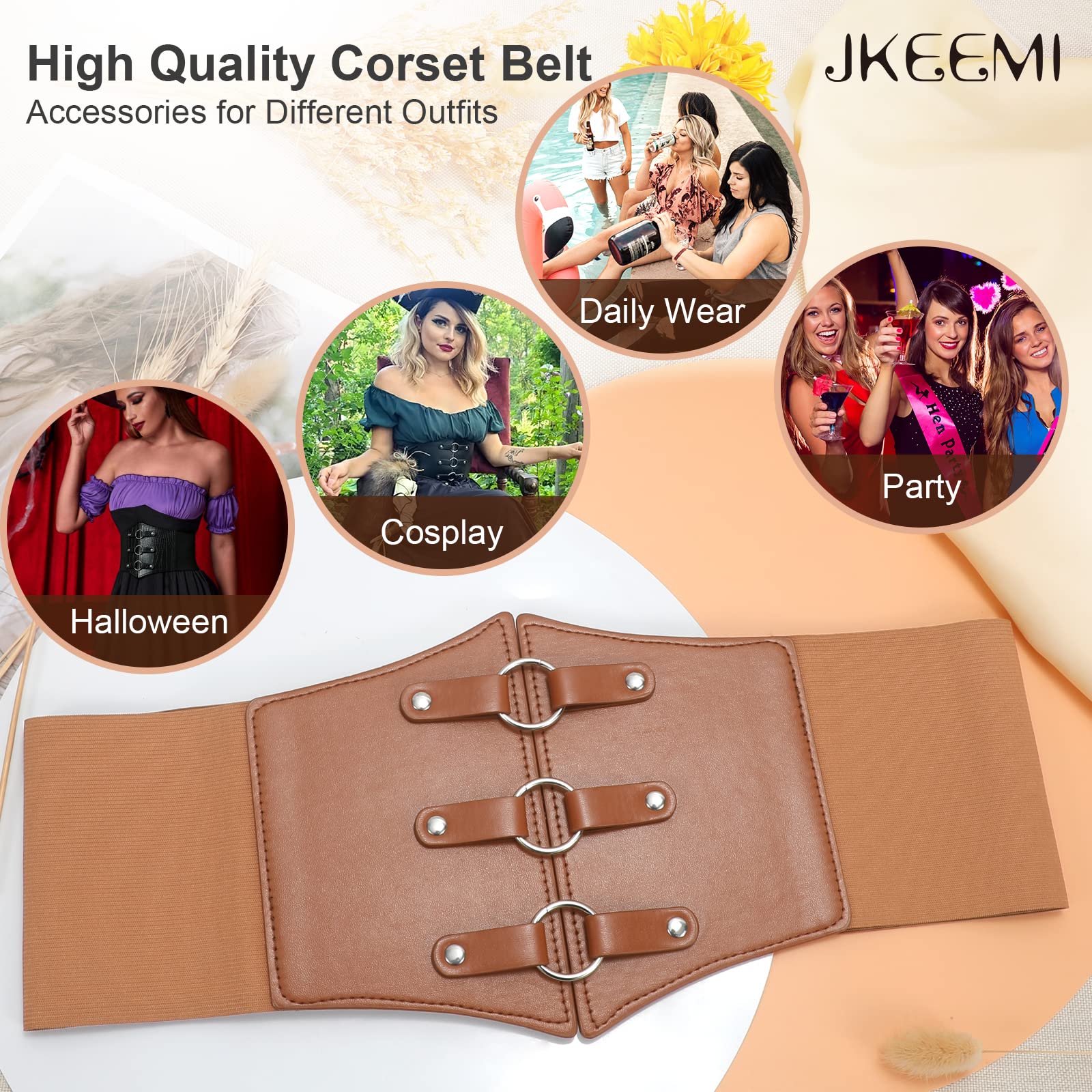 Women Corset Belt Metal O-Ring Decor Wide Elastic Belt for Daily Dress Cosplay Halloween Costumes - JASGOOD OFFICIAL