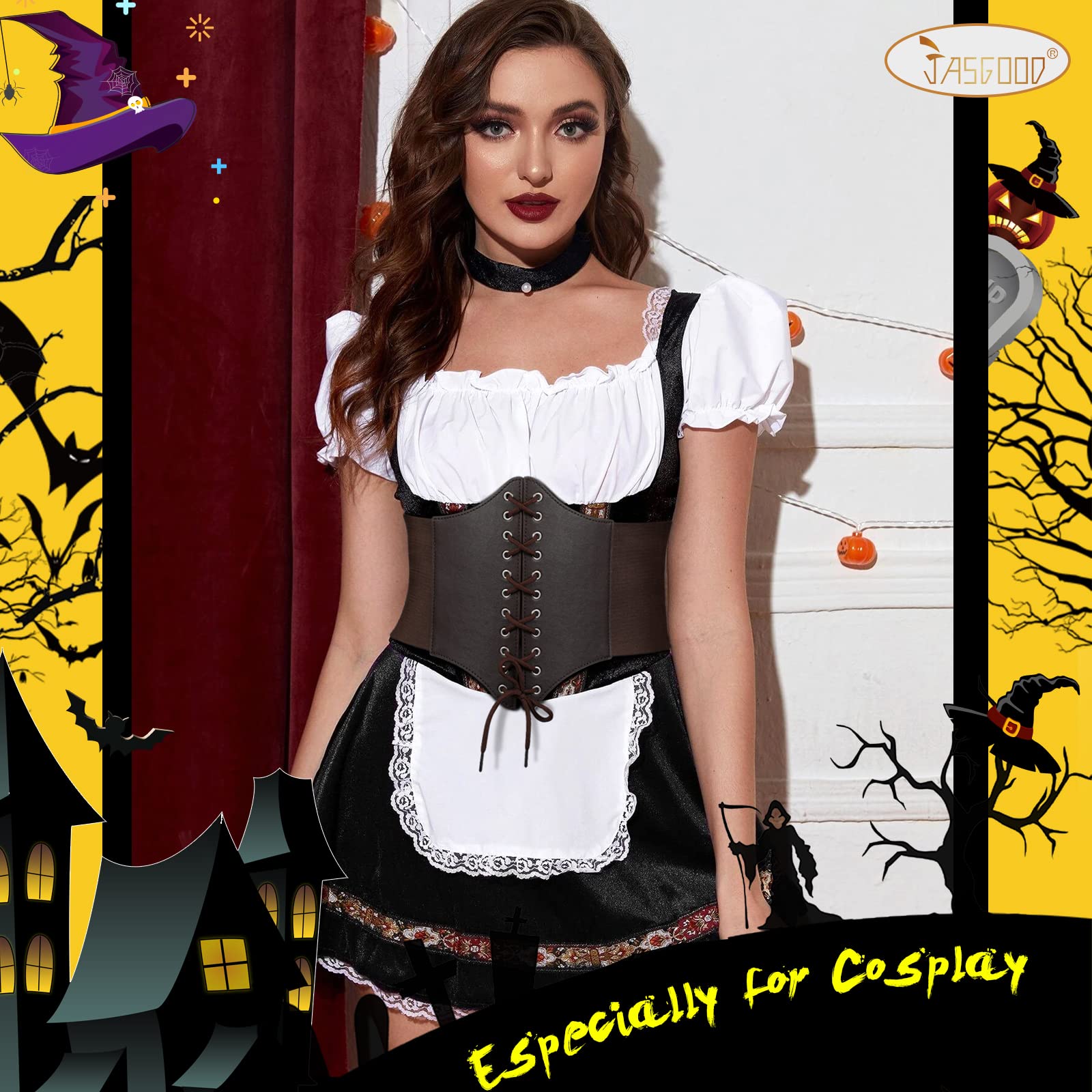 Women Corset Cinch Belt Lace-up Elastic Waist Belt, Tied Costume Waspie Waist Belt for Women 5.9" Width - JASGOOD OFFICIAL