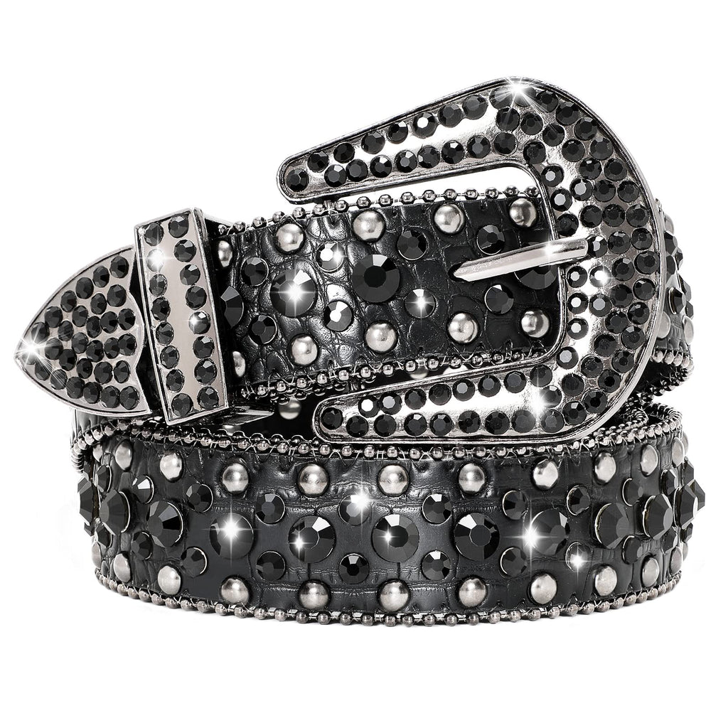 Women Rhinestone Belt for Jeans, SANSTHS Men Western Cowgirl Bling Studded Belt Faux Crocodile Grain Leather