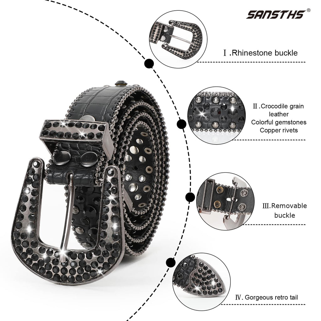 Women Rhinestone Belt for Jeans, SANSTHS Men Western Cowgirl Bling Studded Belt Faux Crocodile Grain Leather