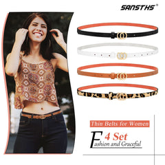 Set of 4 Womens Thin Belts SANSTHS Skinny Leather Belt with Gold Alloy Buckle