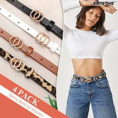 Set of 4 Womens Thin Belts SANSTHS Skinny Leather Belt with Gold Alloy Buckle