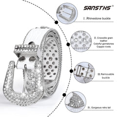 Women Rhinestone Belt for Jeans, SANSTHS Men Western Cowgirl Bling Studded Belt Faux Crocodile Grain Leather
