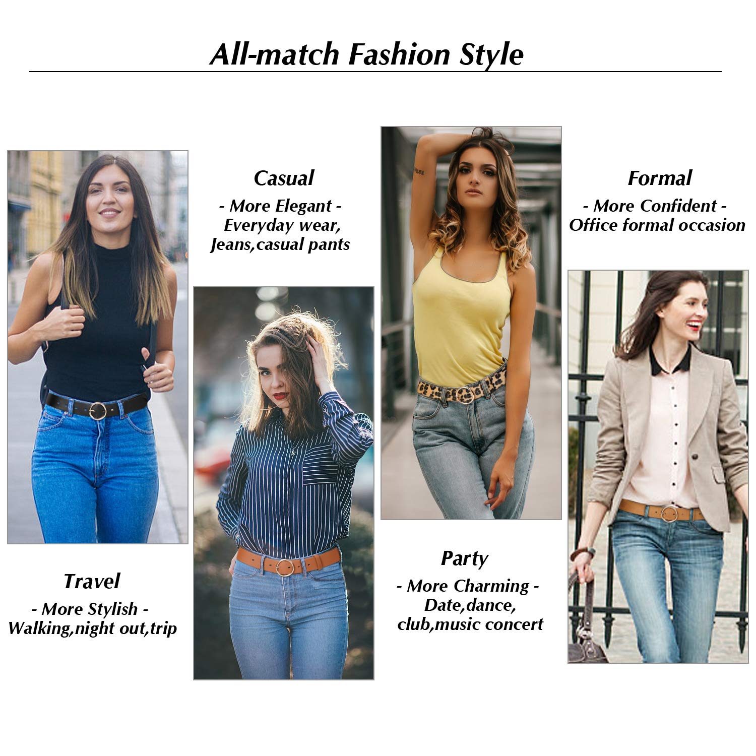 Women Leather Belts Fashion Soft Faux Leather Jeans Belts with O-Ring Buckle