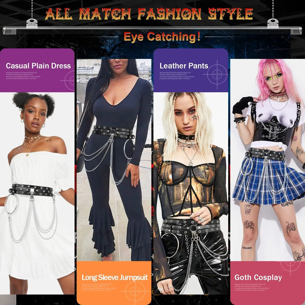 Women Punk Style Black Waist Belt Chain with Big Ring SUOSDEY Adjustable Leather Belly Chains Goth Body Accessories