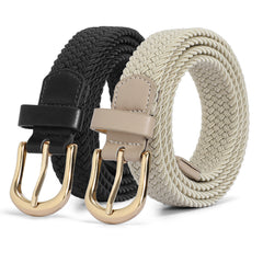 JASGOOD Elastic Braided Canvas Belt, Stretch Woven Belt for Jeans Shorts Pants Casual Golf Belt with Gold Buckle