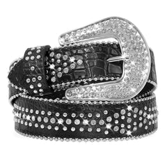 Women Rhinestone Belt for Jeans, SANSTHS Men Western Cowgirl Bling Studded Belt Faux Crocodile Grain Leather