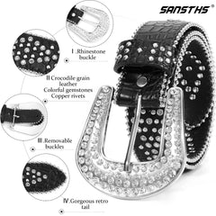 Women Rhinestone Belt for Jeans, SANSTHS Men Western Cowgirl Bling Studded Belt Faux Crocodile Grain Leather