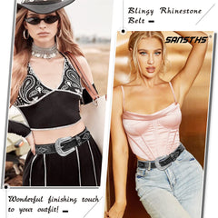 Women Rhinestone Belt for Jeans, SANSTHS Men Western Cowgirl Bling Studded Belt Faux Crocodile Grain Leather