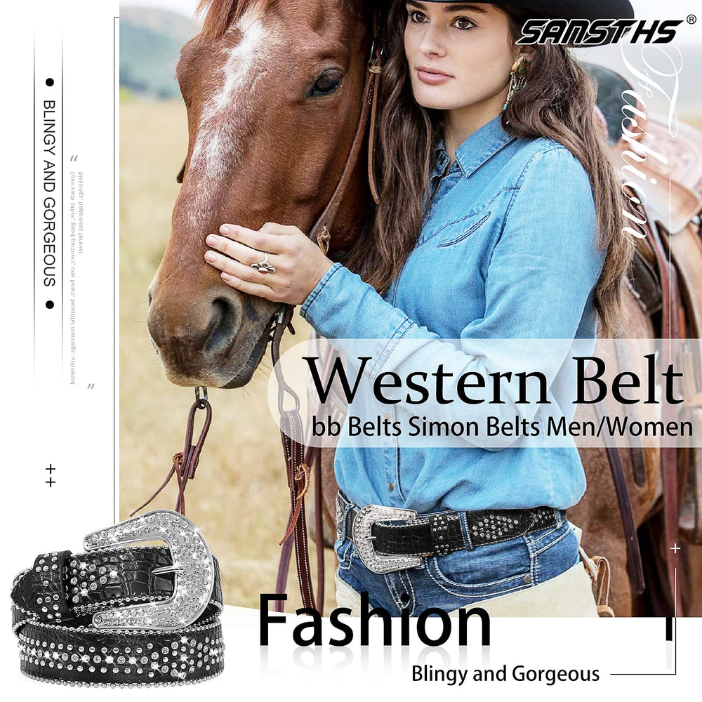 Women Rhinestone Belt for Jeans, SANSTHS Men Western Cowgirl Bling Studded Belt Faux Crocodile Grain Leather