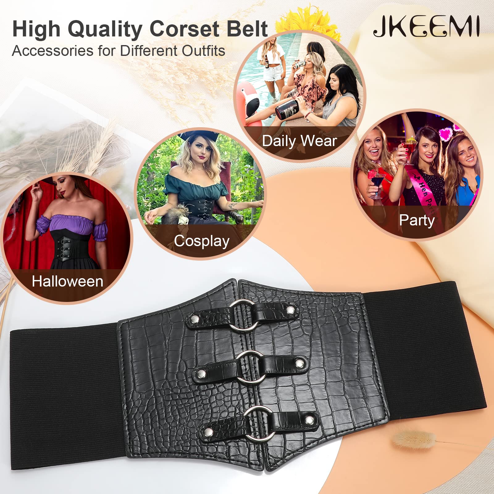 Women Corset Belt Metal O-Ring Decor Wide Elastic Belt for Daily Dress Cosplay Halloween Costumes - JASGOOD OFFICIAL