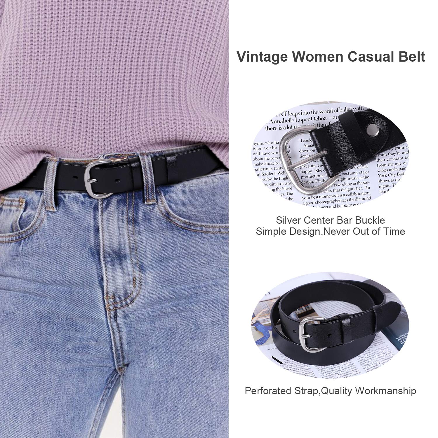 JASGOOD Women's Black Leather Jeans Belt Waist Casual Belt for Pants Shorts with Black Metal Buckle - JASGOOD OFFICIAL