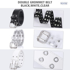 2 Pack Double Grommet Belt PU Leather Punk Belt for Women Jeans