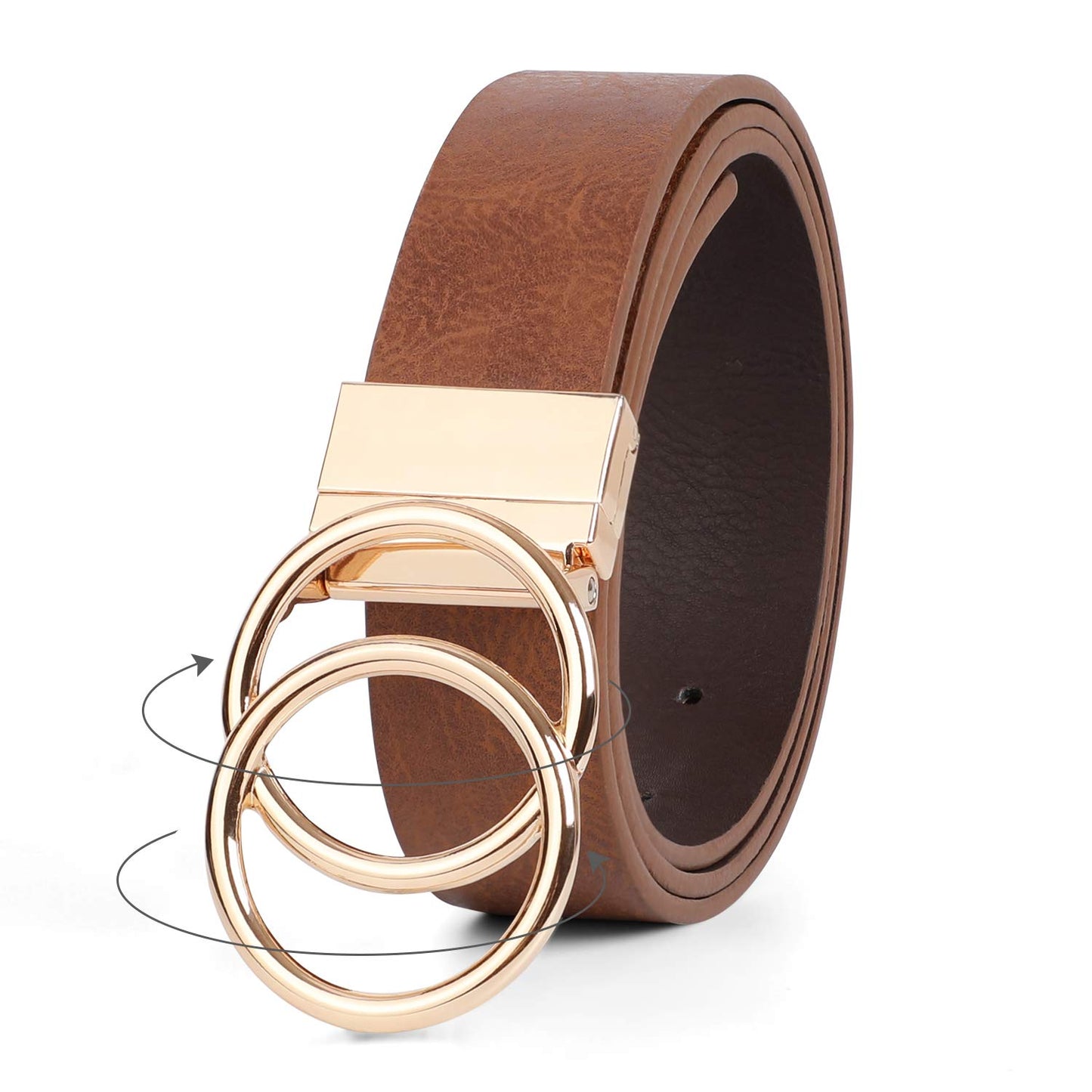 Women Leather Belt, Reversible Belt, Leather Waist Belt for Jeans Dress with Gold Double O Ring Rotate Buckle - JASGOOD OFFICIAL