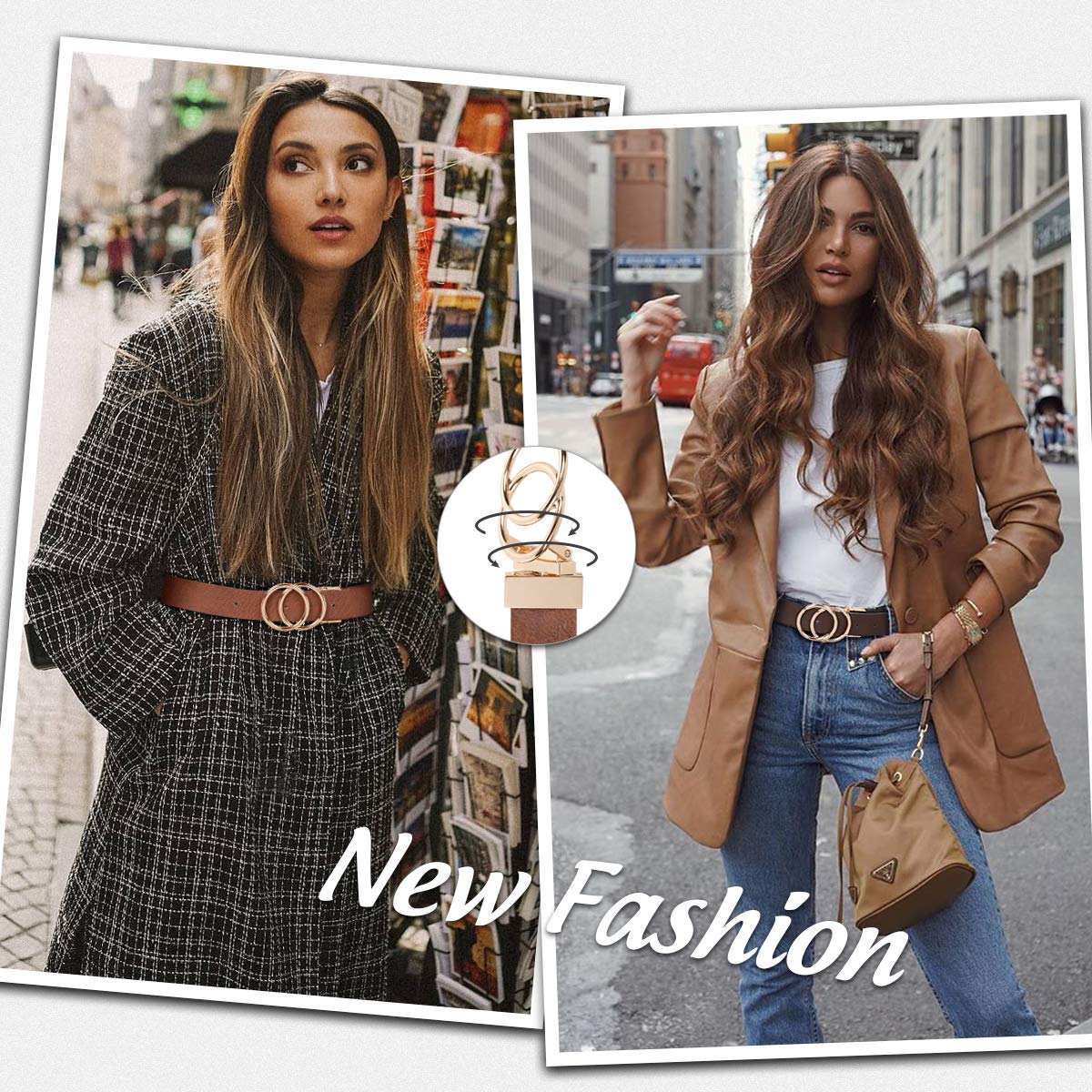 Women Leather Belt, Reversible Belt, Leather Waist Belt for Jeans Dress with Gold Double O Ring Rotate Buckle - JASGOOD OFFICIAL