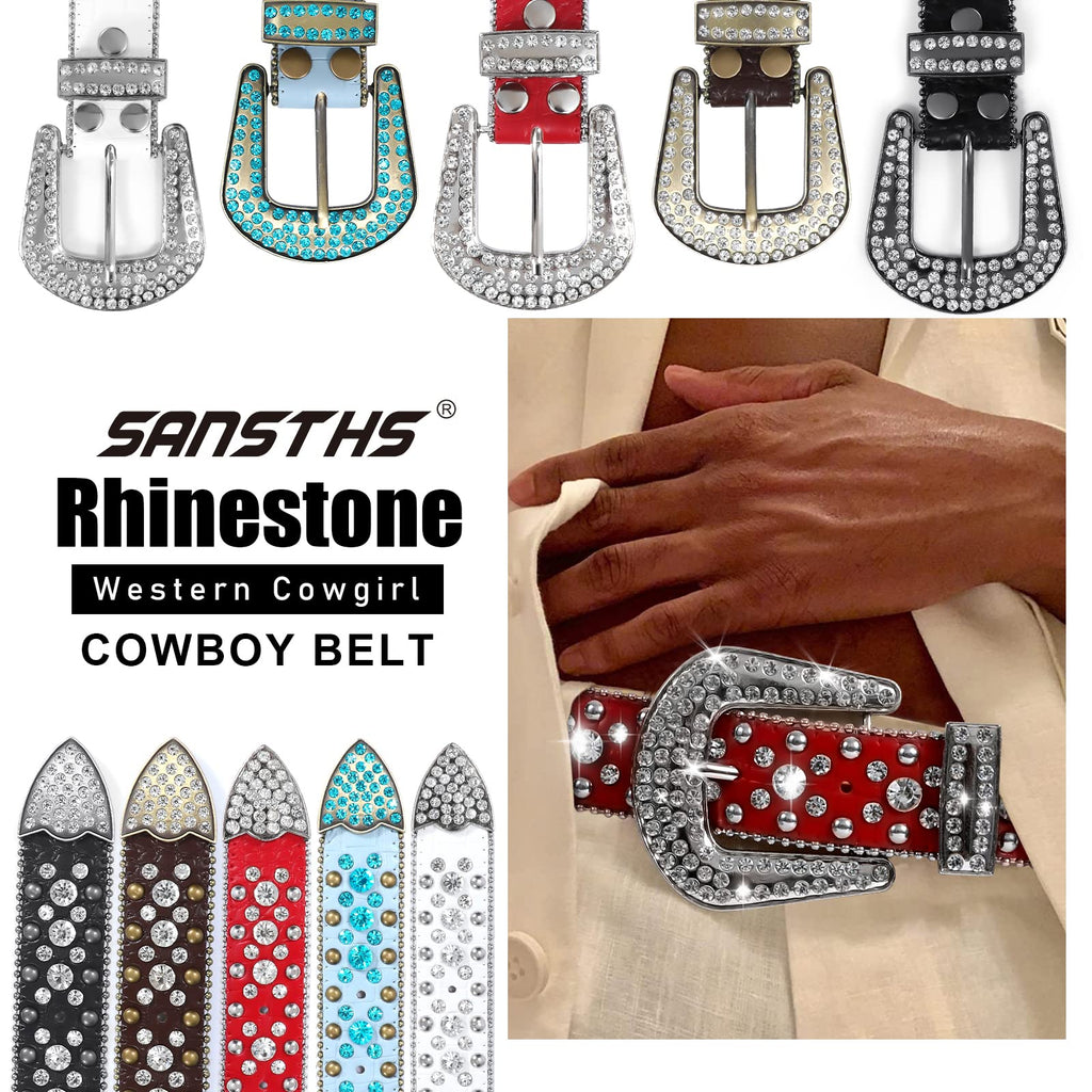 Women Rhinestone Belt for Jeans, SANSTHS Men Western Cowgirl Bling Studded Belt Faux Crocodile Grain Leather